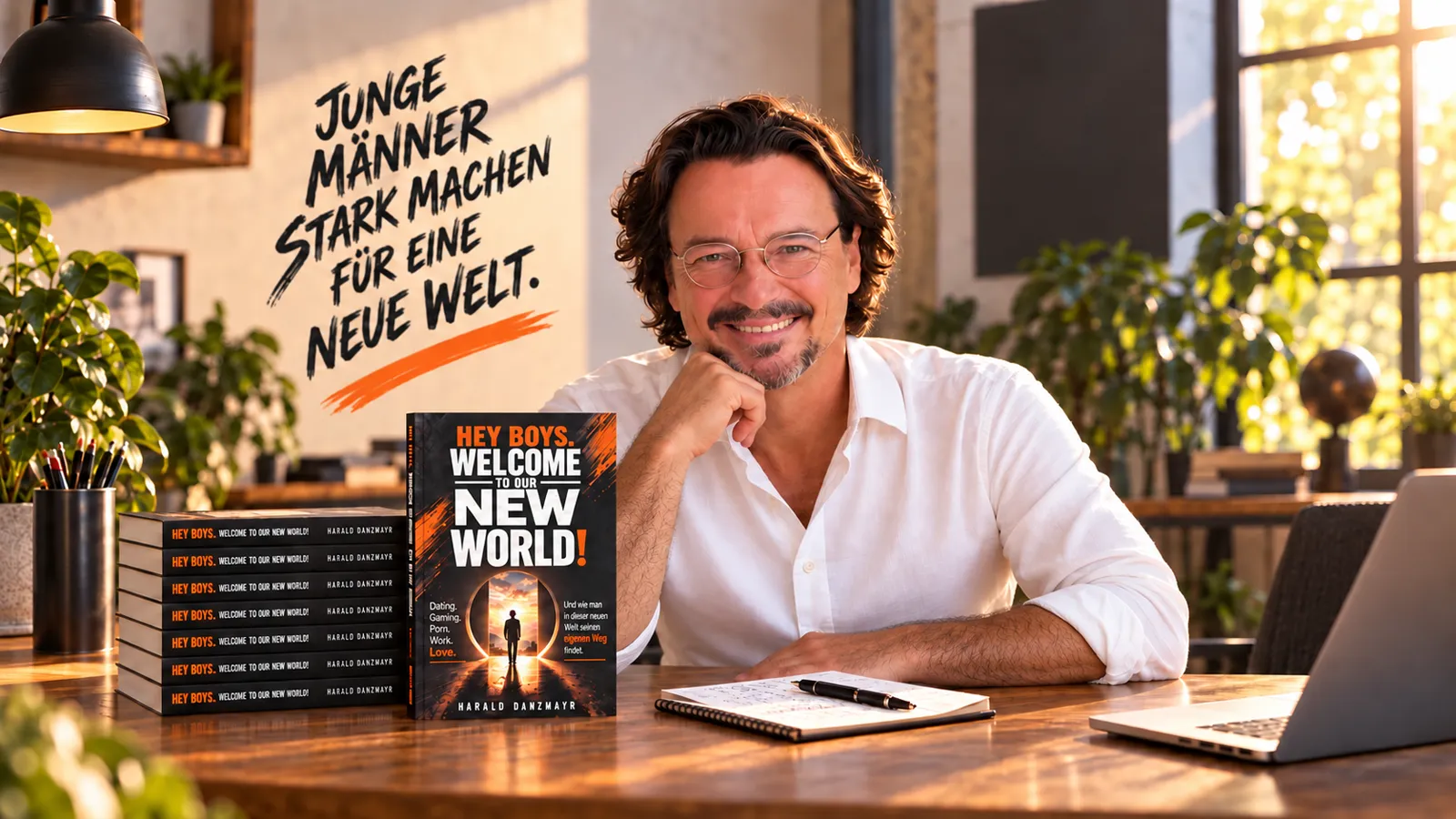 Harald Danzmayr lächelt am Schreibtisch mit seinem Buch HEY BOYS, im Hintergrund der Schriftzug 'Junge Männer stark machen für eine neue Welt.'
