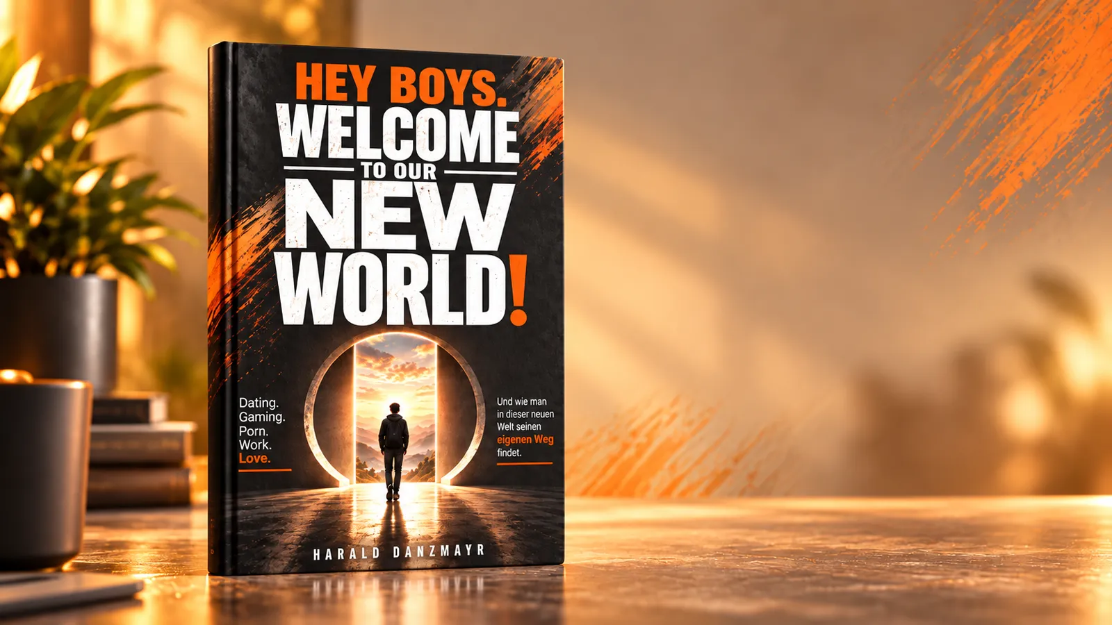Buchcover HEY BOYS. Welcome to our New World! von Harald Danzmayr, aufgestellt auf einem Schreibtisch.