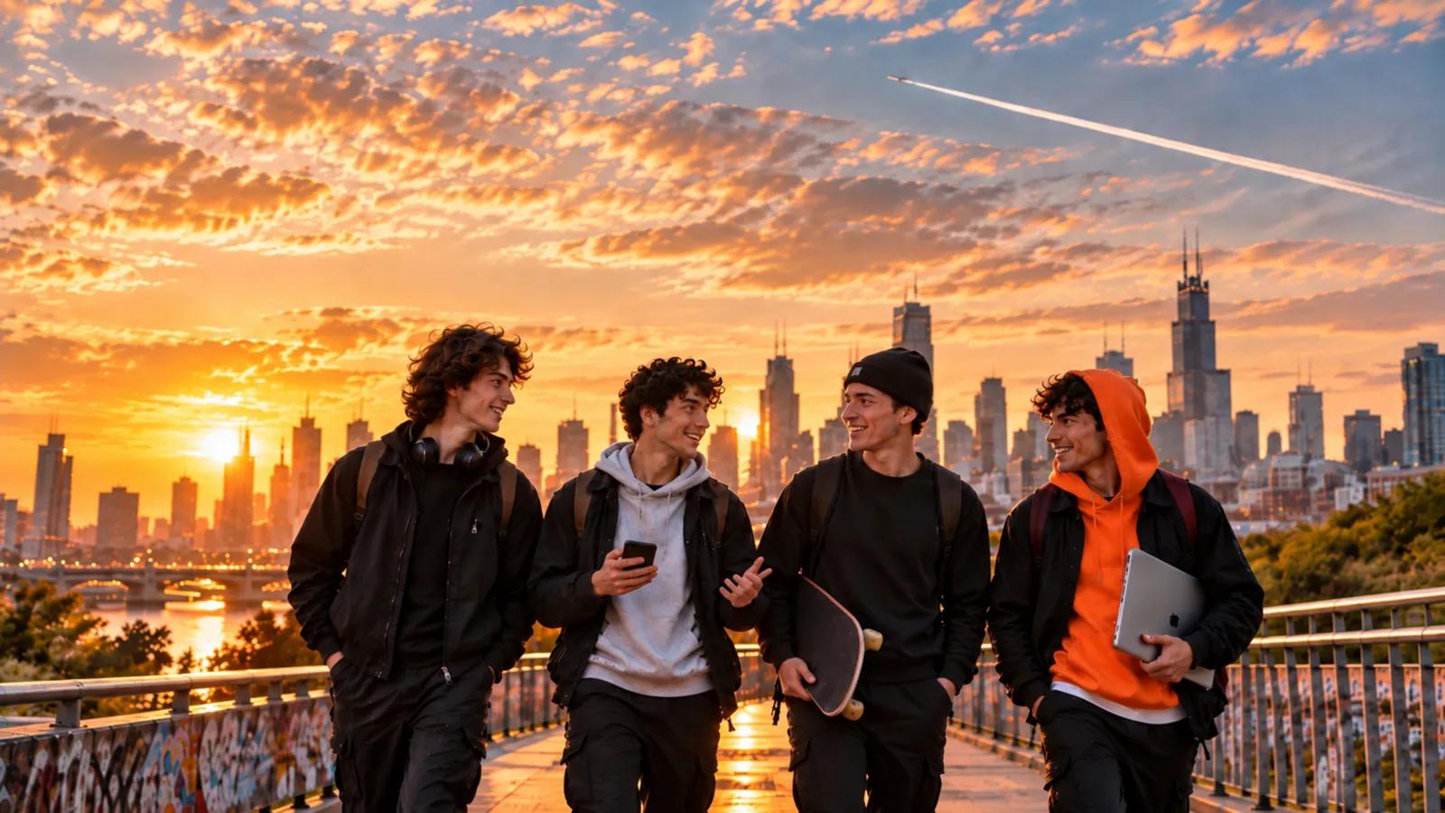 Vier junge Männer gehen gemeinsam bei Sonnenuntergang über eine Brücke vor einer Skyline, mit Kopfhörern, Smartphone, Skateboard und Laptop.
