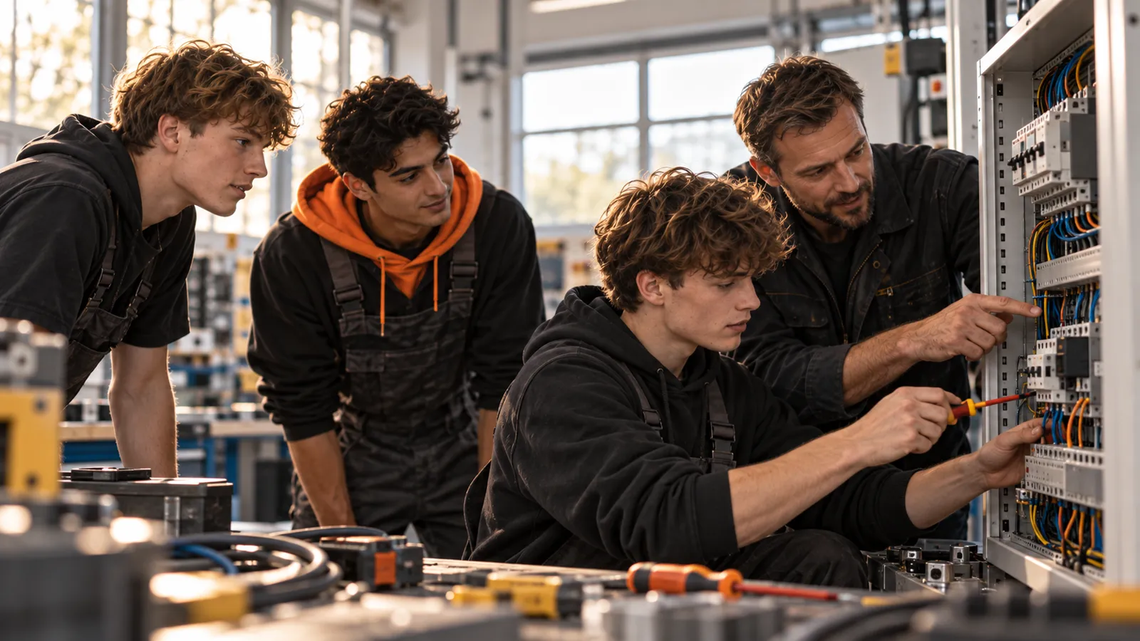 Ein Ausbilder zeigt vier Lehrlingen die Arbeit an einem elektrischen Schaltschrank.