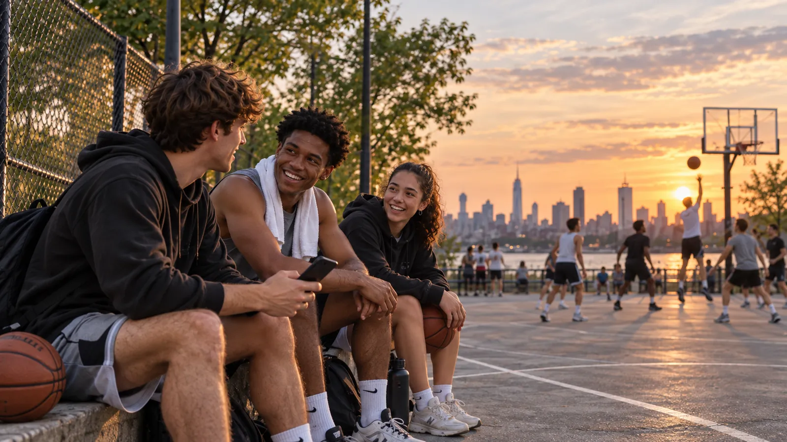 Drei Jugendliche sitzen lachend am Rand eines Basketballplatzes bei Sonnenuntergang, im Hintergrund eine Skyline und ein laufendes Spiel.